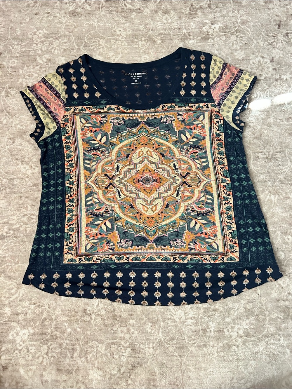 Lucky Brand Navy Multicolor Medallion Short Sleeve Tee
